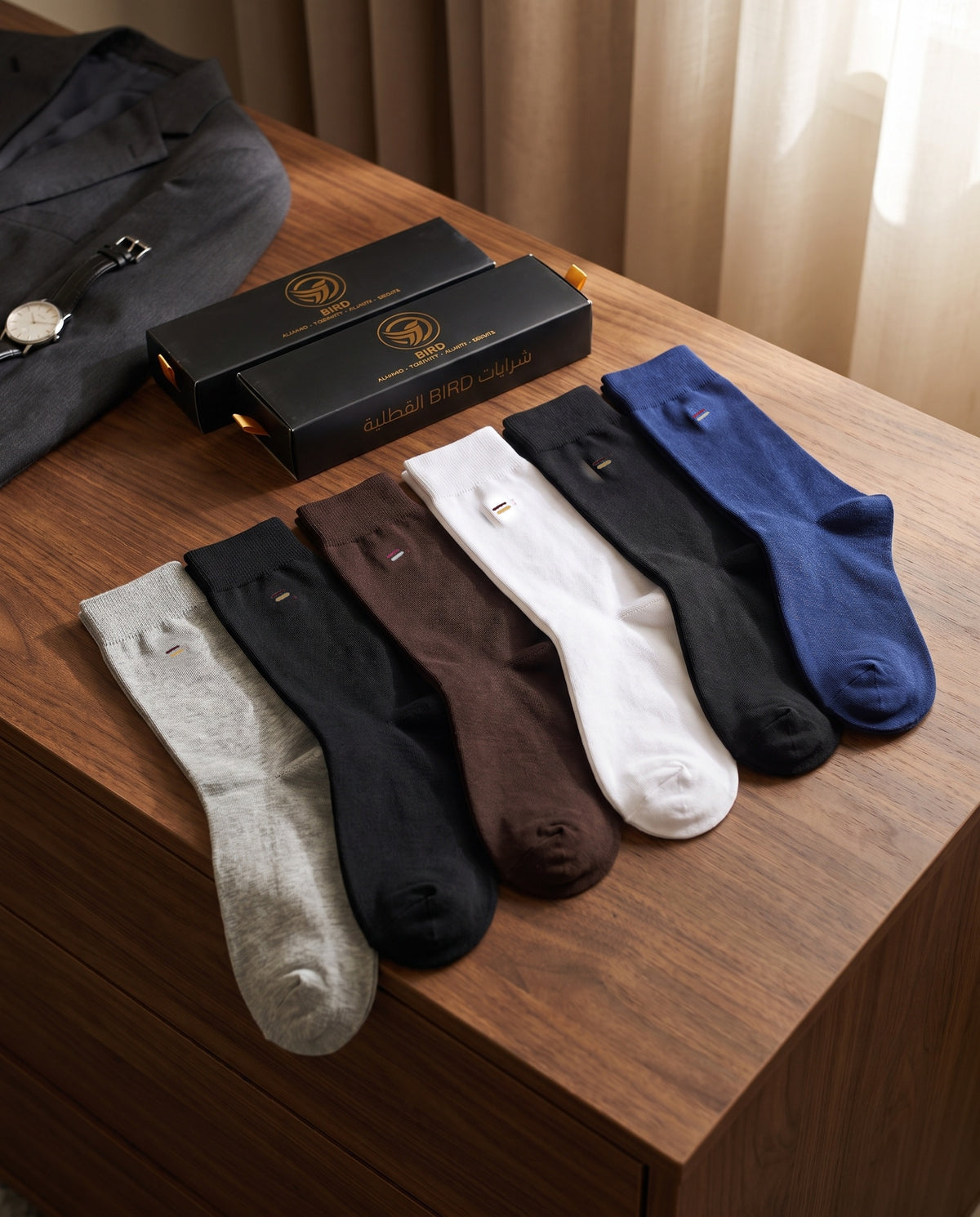 شرابات بيرد الرسمي الطويلة — بوكس أبيض وأسود وكحلي | Bird Formal Long Socks — Box 1